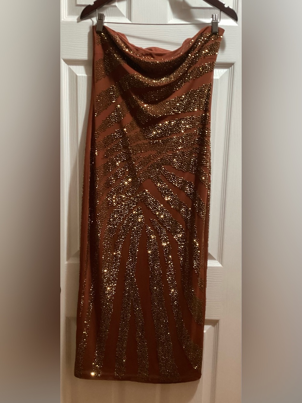 Fashion Nova Copper-Brown Strapless Gown with Gold Rhinestones